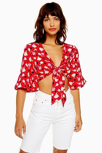 Topshop Tulip Print Knot Front Crop Top