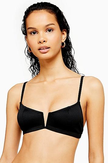 Topshop Black Ribbed V-detail Bikini Top