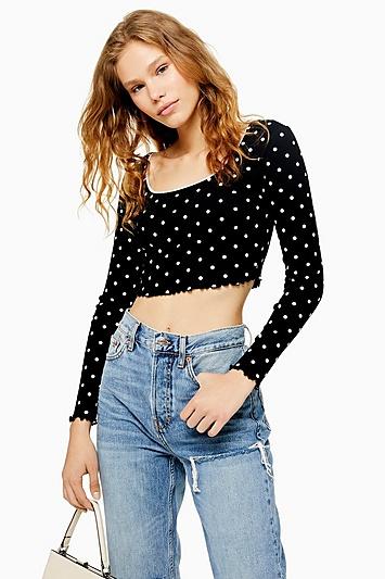 Topshop Long Sleeve Polka Dot Crop Top