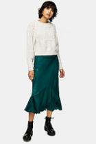 Topshop Emerald Green Satin Flounce Midi Skirt