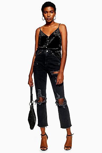 Topshop Washed Black Ripped Straight Jeans