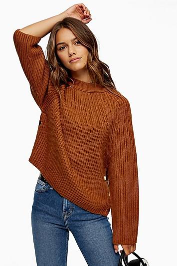 Topshop Petite Brown Knitted Popper Side Jumper