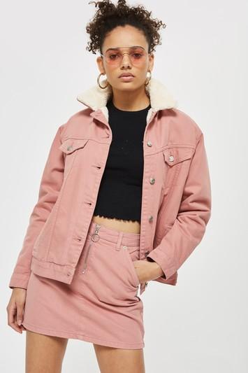 Topshop Petite Half Zip Denim Skirt