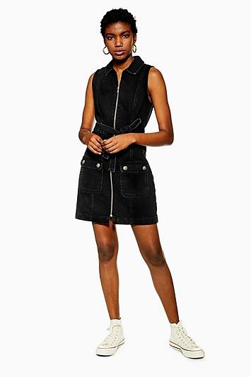 Topshop Tall Black Horn Button Denim Collar Dress