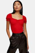 Topshop Red Short Sleeve Ruched T-shirt