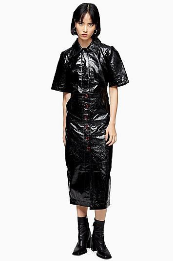 Topshop Black Vinyl Leather Midi Shirt Dress