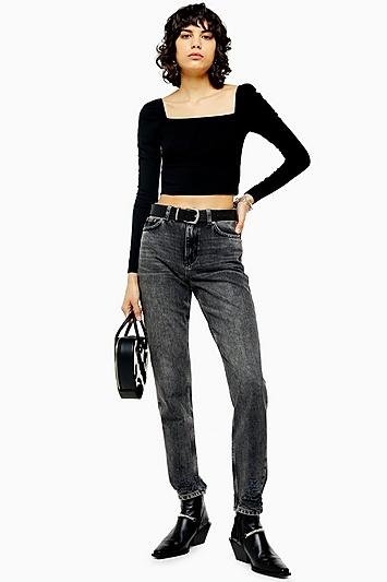 Topshop Washed Black Rip Hem Mom Jeans