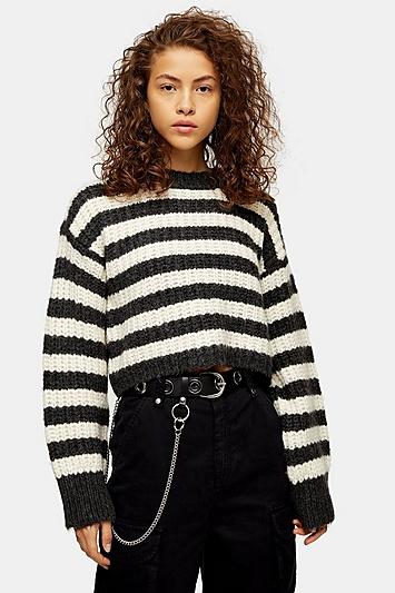 Topshop Grey Knitted Stripe Crew Neck Jumper