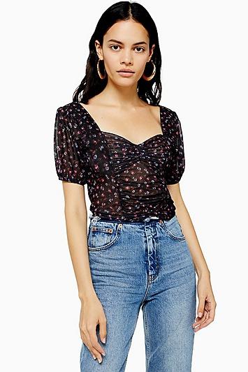 Topshop Ruched Ditsy Mesh Top