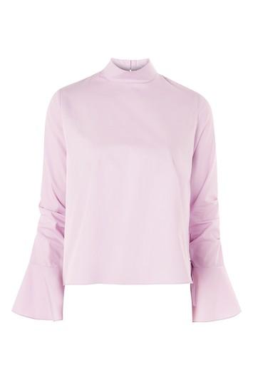 Topshop Ruched Sleeve High Neck Poplin Top
