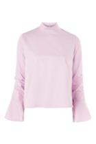 Topshop Ruched Sleeve High Neck Poplin Top