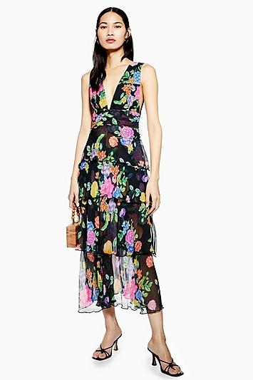 Topshop Black Floral Plunge Pinafore Dress