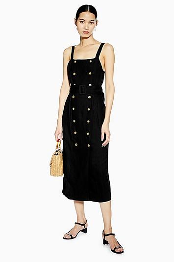 Topshop Belted Pinafore Dress With Linen