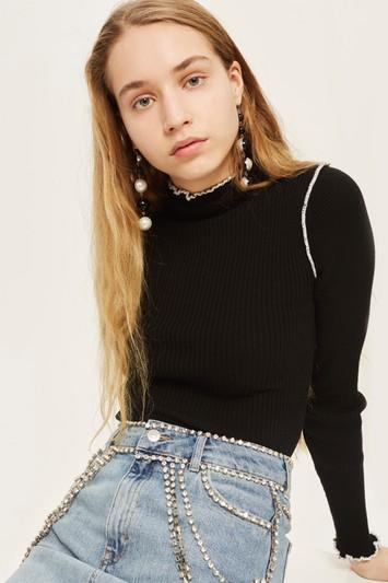 Topshop Lettuce Trim Cropped Sweater