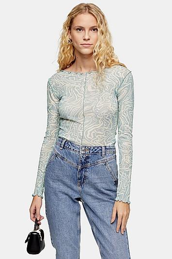 Topshop Blue Swirl Print Long Sleeve Mesh Top