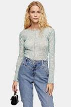 Topshop Blue Swirl Print Long Sleeve Mesh Top