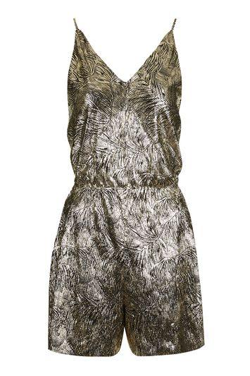 Topshop Tall Gold Leaf Plisse Playsuit