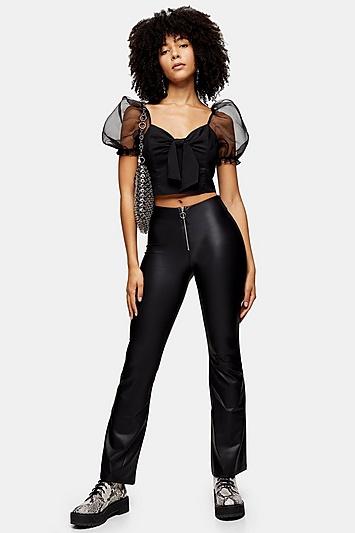 Topshop Petite Black Faux Leather Flare Trousers