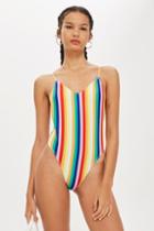Topshop Bonded Rainbow Stripe Plunge Swimsuit