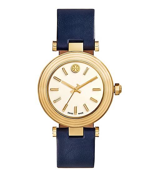 Tory Burch Classic T Watch, Navy Leather/gold-tone, 36 Mm