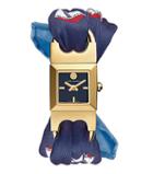 Tory Burch Double-t Link Watch, Navy Silk/leather/gold-tone, 18 X 18 Mm