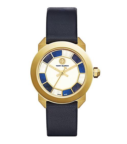 Tory Burch Whitney Deco Watch, Navy Leather/mother Of Pearl, 35 Mm