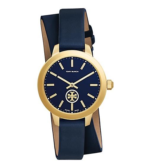 Tory Burch Collins Double-wrap Watch, Navy Leather/gold-tone, 32 Mm