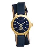 Tory Burch Collins Double-wrap Watch, Navy Leather/gold-tone, 32 Mm