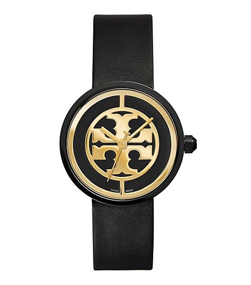 Tory Burch Reva Watch, Black Leather/black, 36 Mm
