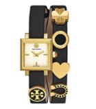 Tory Burch Saucy Double-wrap Watch, Black Leather/ Gold-tone, 25mm