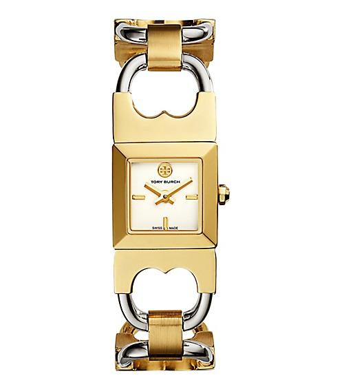 Tory Burch Double-t Link Watch, Two-tone Stainless Steel/ivory, 18 X 18 Mm