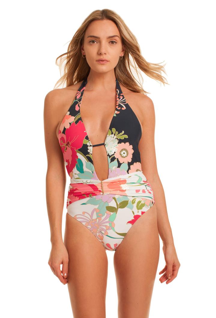 Trina Turk Trina Turk Royal Botanical V Plunge One Piece - Multicolor - Size 10