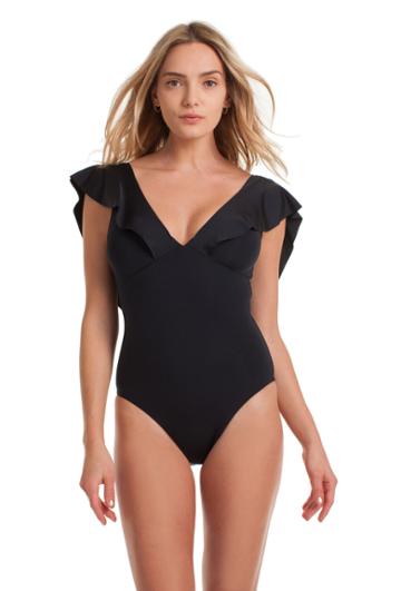 Trina Turk Trina Turk Indo Solids Ruffle Sleeve One Piece - Spr,blk - Size 10