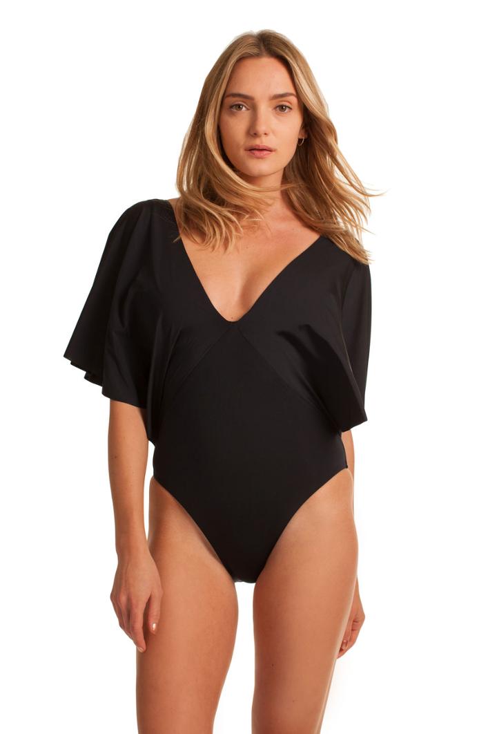 Trina Turk Trina Turk Indo Solids Flutter Sleeve One Piece - Black - Size 10