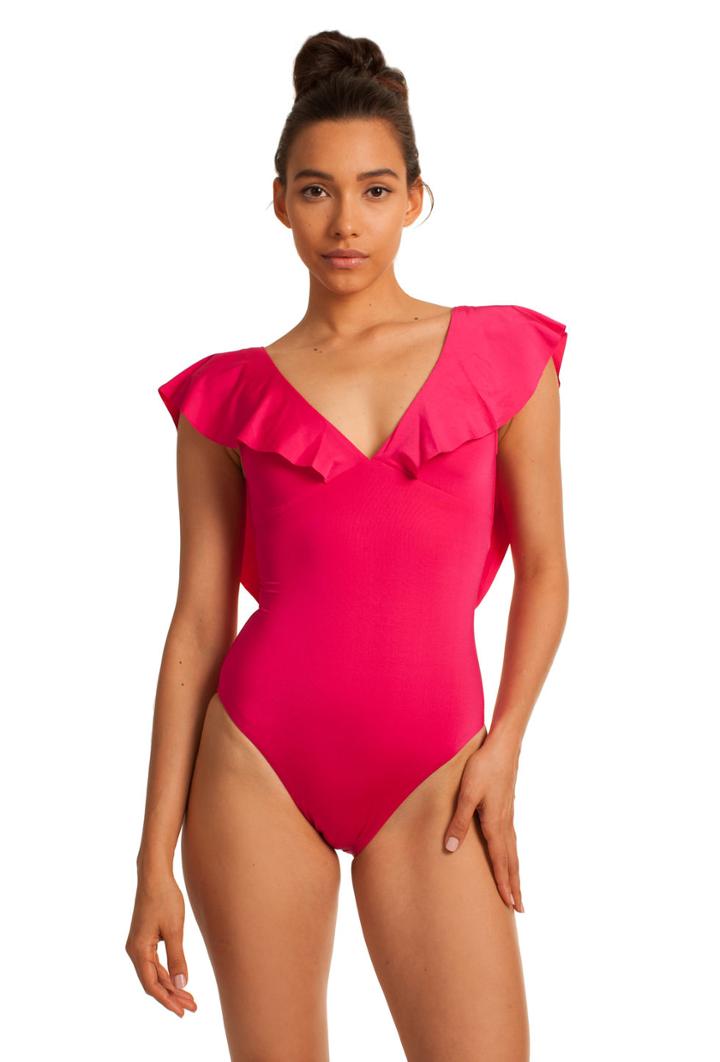 Trina Turk Trina Turk Indo Solids Ruffle Sleeve One Piece - Fuchsia - Size 10