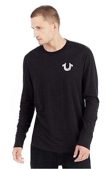 Long Sleeve Core Metallic Crew Mens Tee | Black | Size Medium | True Religion