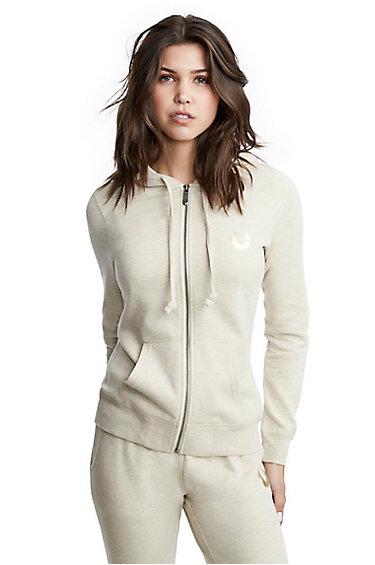 Women's Foil Horseshoe Zip Hoodie | Oatmeal | Size Small | True Religion