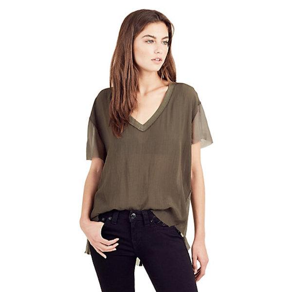Womens Sheer Georgette Top | Military Green | Size Medium | True Religion