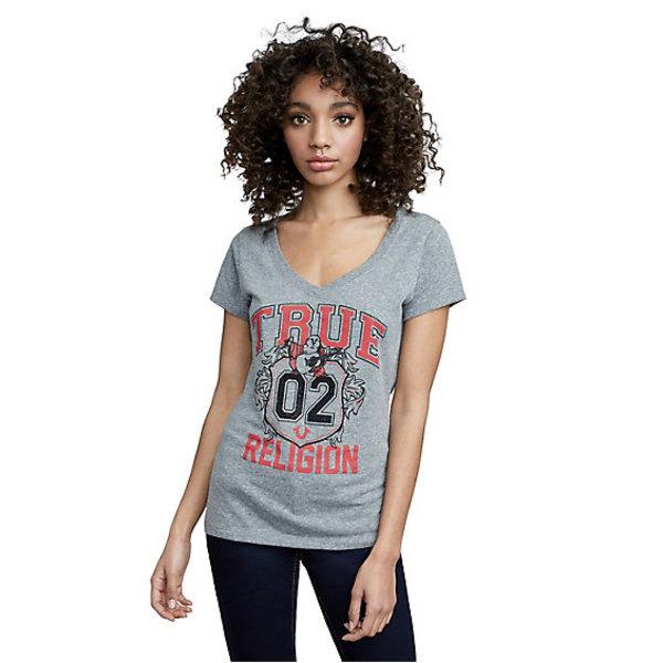Women's True Crest Round V Neck Tee | Heather Grey | Size X Small | True Religion