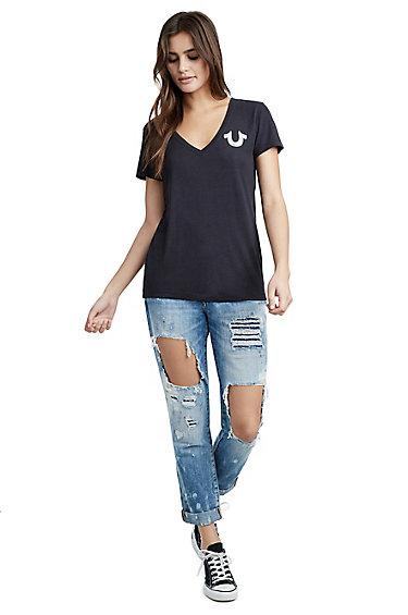 Holographic Puff Logo Womens Tee | Black | Size X Small | True Religion