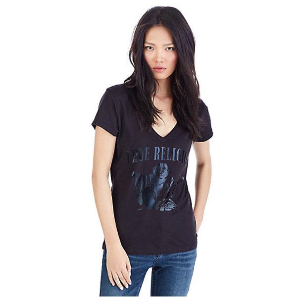 Women's Foil Buddha Deep V Neck Tee | Black | Size X Small | True Religion