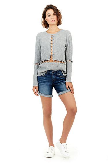 Jayde Flap Mid Rise Womens Short | Hardware Blue | Size 23 | True Religion