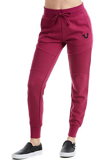 Crystal Horseshoe Moto Jogger Womens Pant | Berry | Size Large | True Religion