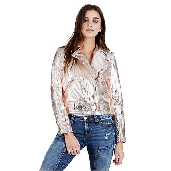 Rose Gold Metallic Womens Moto Jacket | Rose Gold/rose | Size Small | True Religion