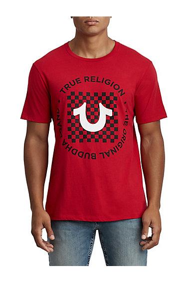 Men's Checkered U Crew Neck Tee | Ruby Red | Size Small | True Religion