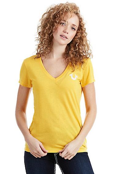 Women's Crystal Classic Logo Deep V Neck Tee | Gold | Size Xx Small | True Religion