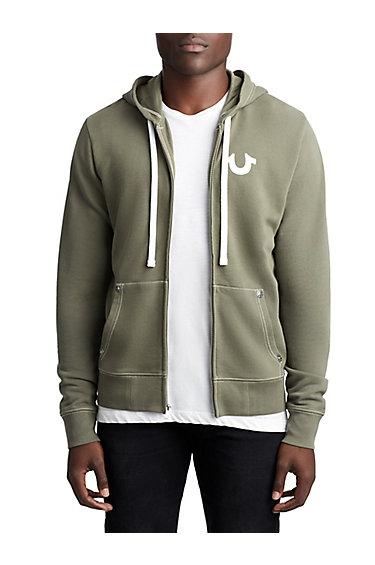Mens Flocked Buddha Zip Up Hoodie | Military Green | Size Small | True Religion