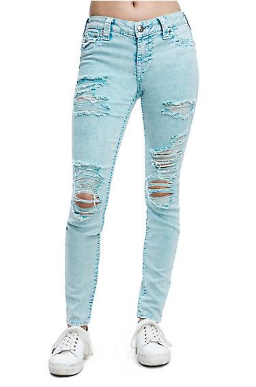 Women's Super Skinny Fit Big T Distressed Jean | Lava Wash Tropical Teal | Size 23 | True Religion