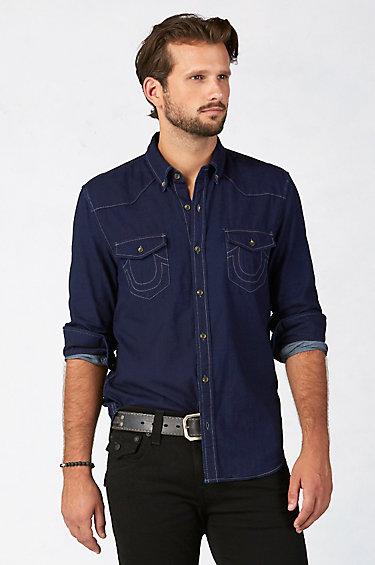 True Religion Western Button Down Mens Shirt - Navy