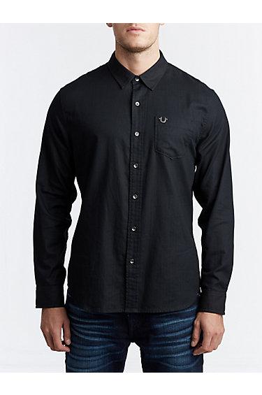 Mens Classic Herringbone Button Up Shirt | Black | Size Small | True Religion